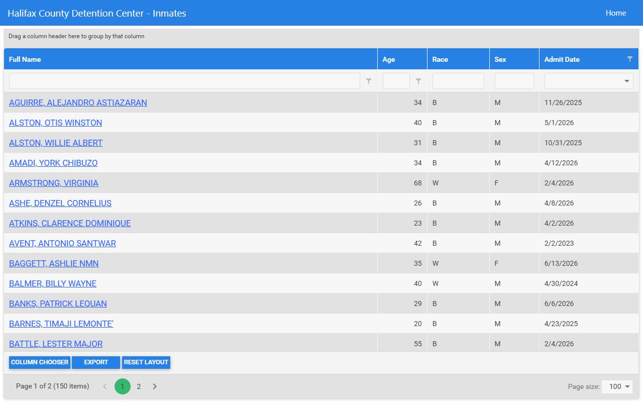 Halifax County jail roster current inmate records grid
