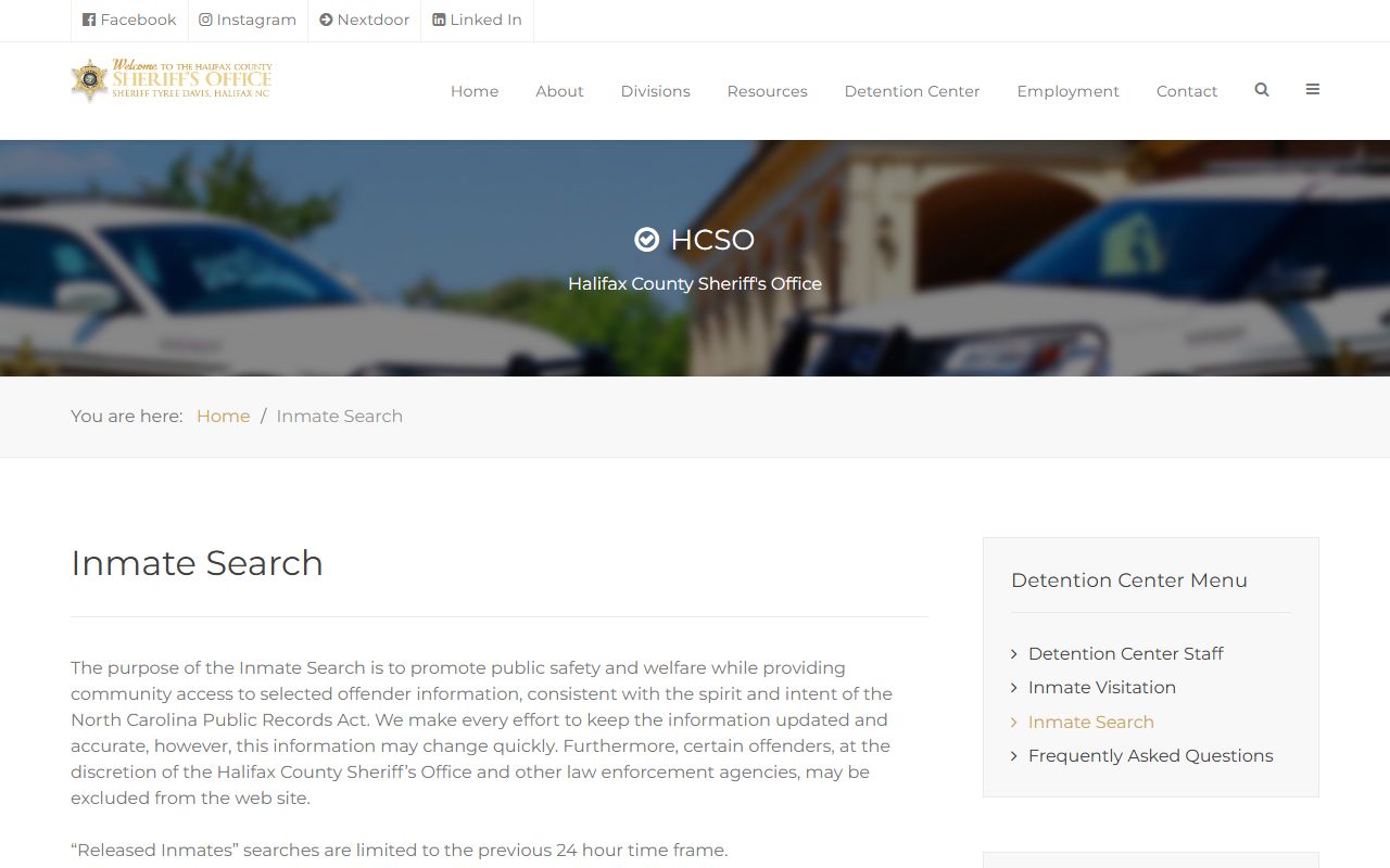 Halifax County jail mugshots inmate search landing page