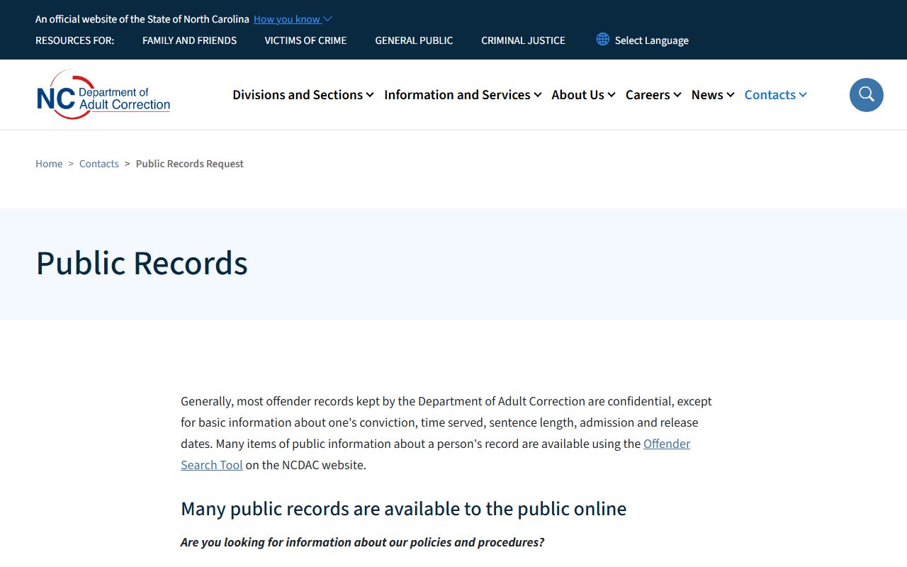 NCDAC public records page explaining prison and jail record boundaries